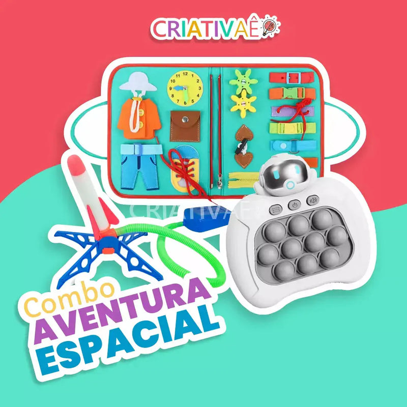 Combo Aventura Espacial (PopIt Eletrônico Astronauta + Livro Montessori EducaSpace + Lançador de Foguete SpaceRocket)