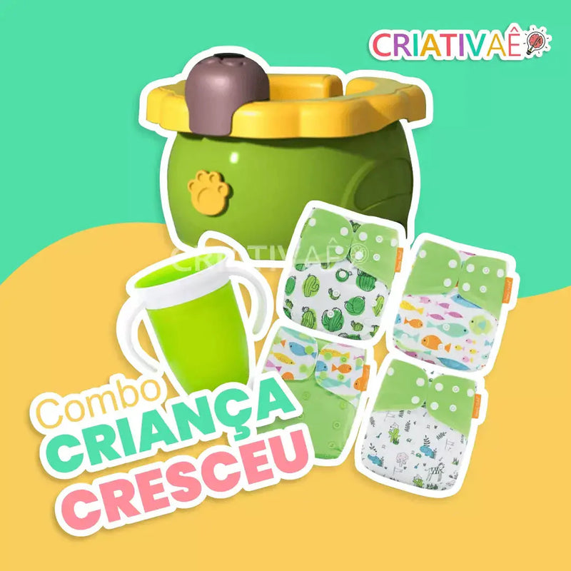 Combo Criança Cresceu (Penico portátil + Fraldas para desfralde + Copo anti vazamento)