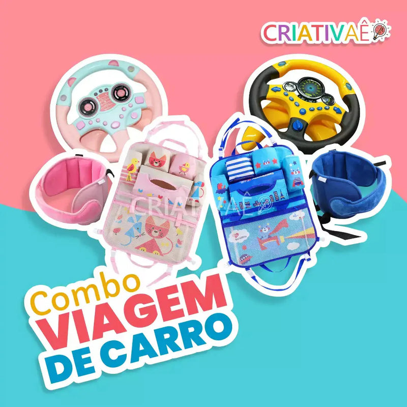Combo Viagem de Carro (Organizador de carro + Almofada para cabeça + Volante Interativo)